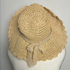 Packable Tan Straw Sun Hat with Crochet Lace Trim